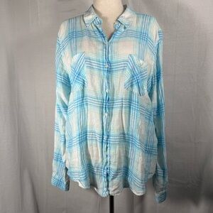 Lily Pulitzer XL Plaid Button Up Adjustable Roll Tab Sleeve Shirt 100%Linen